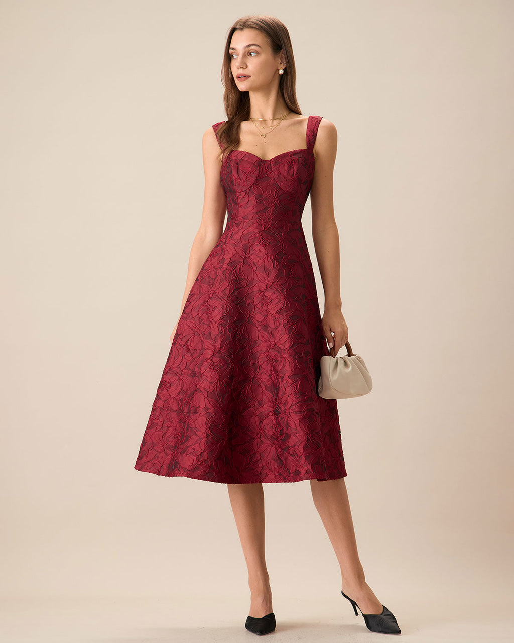 Den Röda Sweetheart Hals Jacquard Midi Klänning
