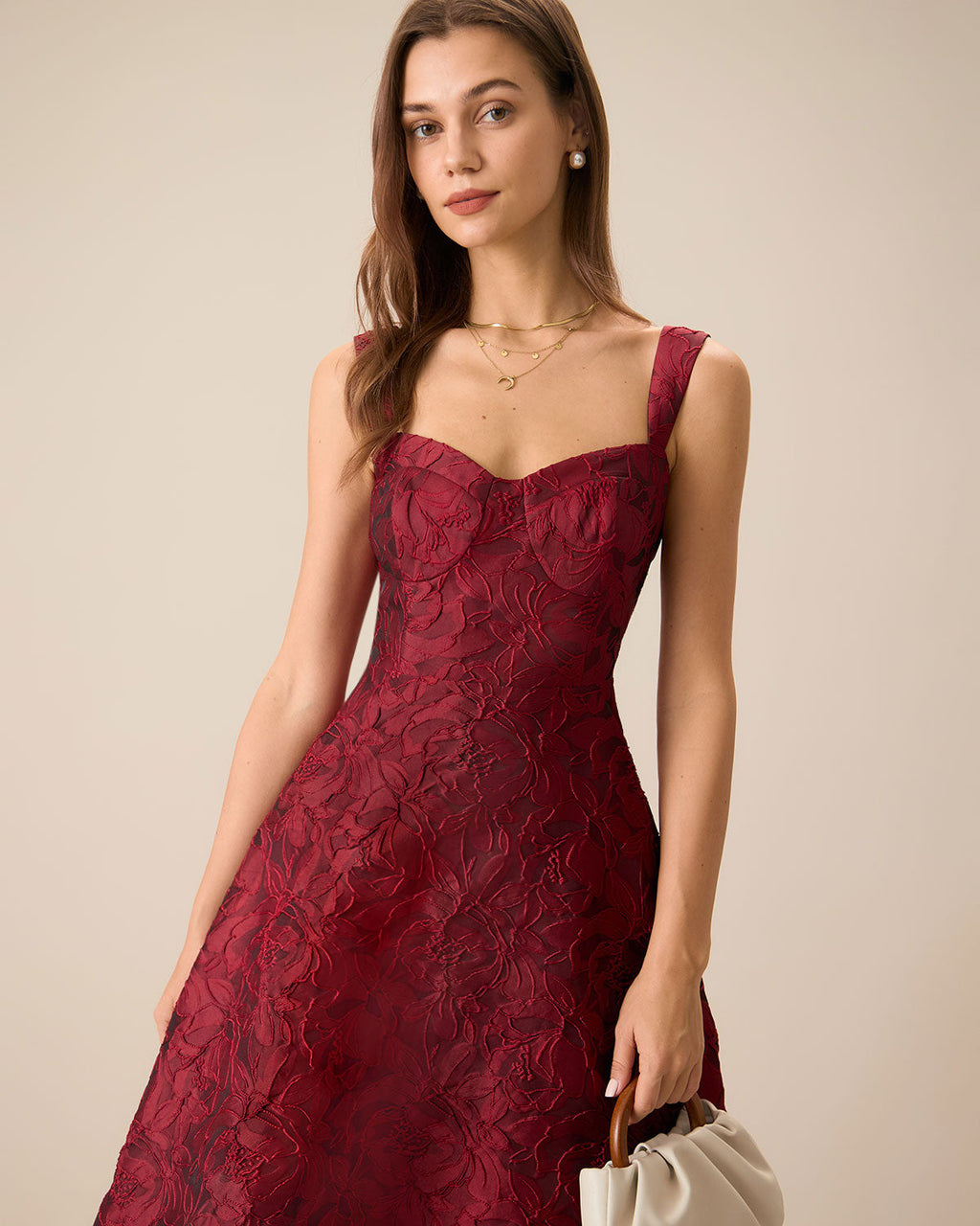Den Röda Sweetheart Hals Jacquard Midi Klänning