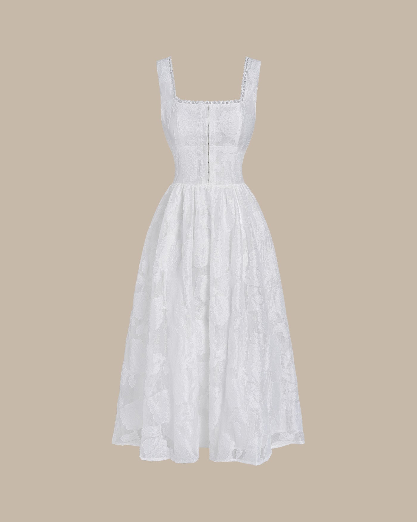 Vit Jacquard Rynkad Slip Midi Klänning