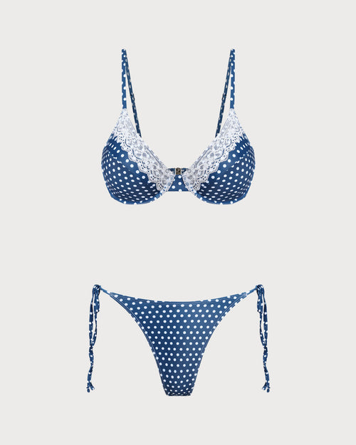 Blå Prickig Underwire Bikini Set