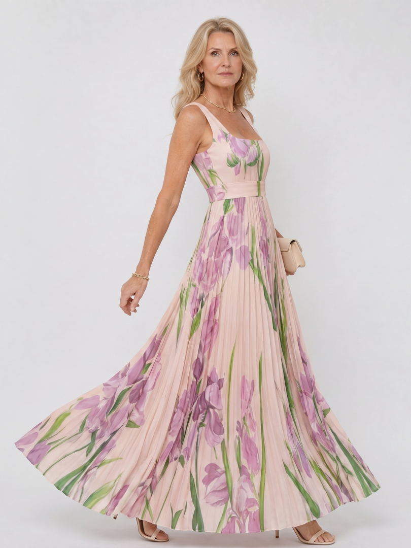 Satin Midi Klänning utan Ärmar med Fyrkantig Urringning och Eleganta Fållar