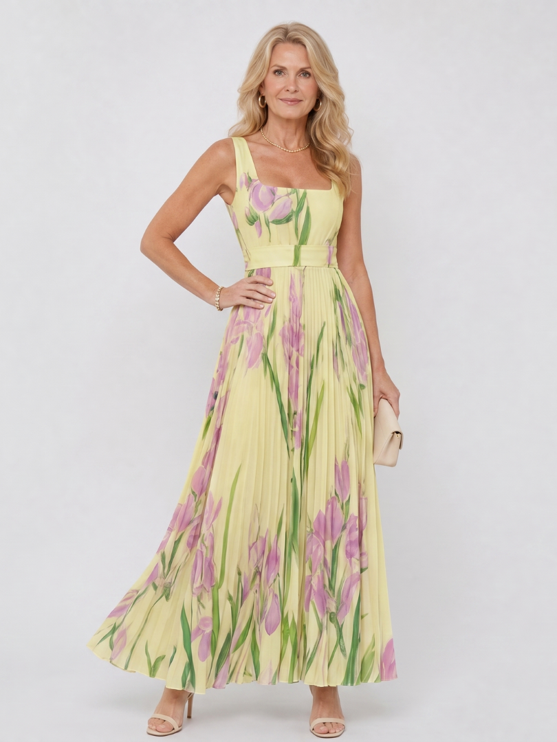 Satin Midi Klänning utan Ärmar med Fyrkantig Urringning och Eleganta Fållar