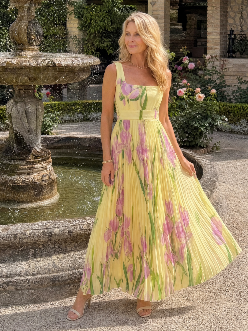 Satin Midi Klänning utan Ärmar med Fyrkantig Urringning och Eleganta Fållar