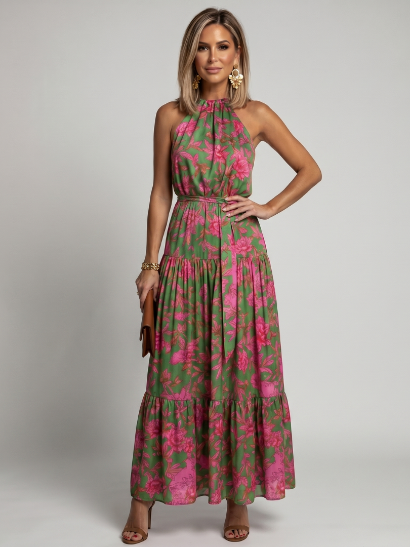 Elegant halterneck midiklänning i rosa