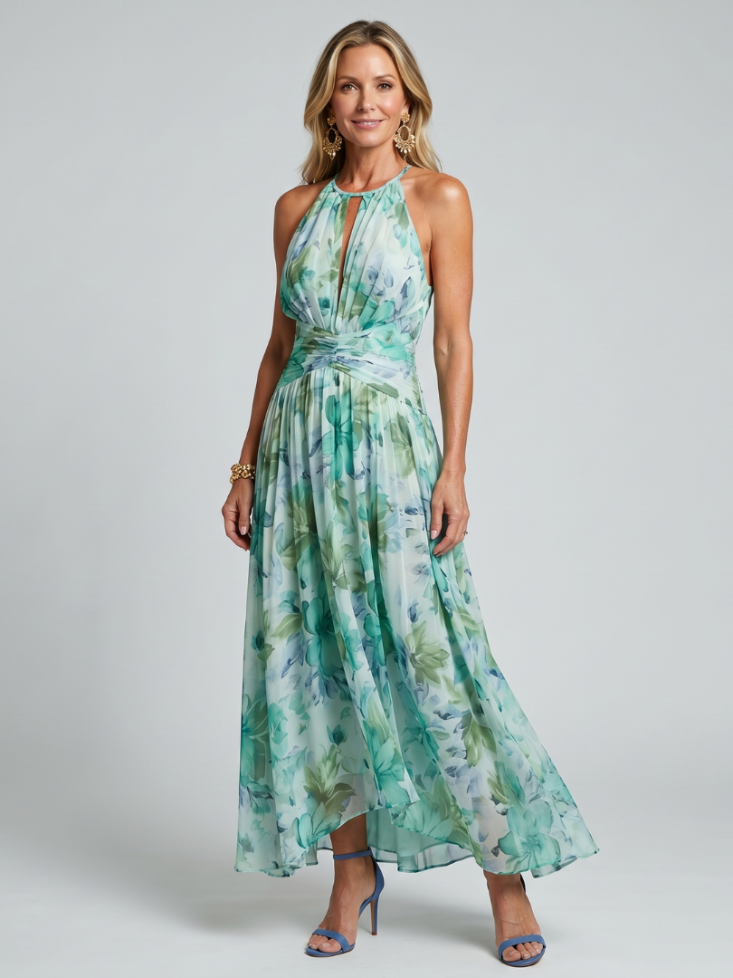 Robe Midi Portia i Plisserad Crêpe med Halterneck och Blommönster