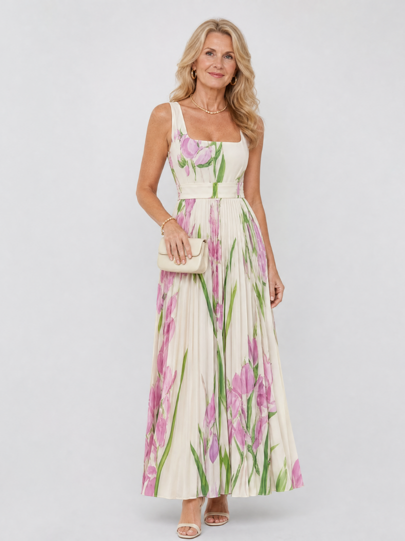 Satin Midi Klänning utan Ärmar med Fyrkantig Urringning och Eleganta Fållar