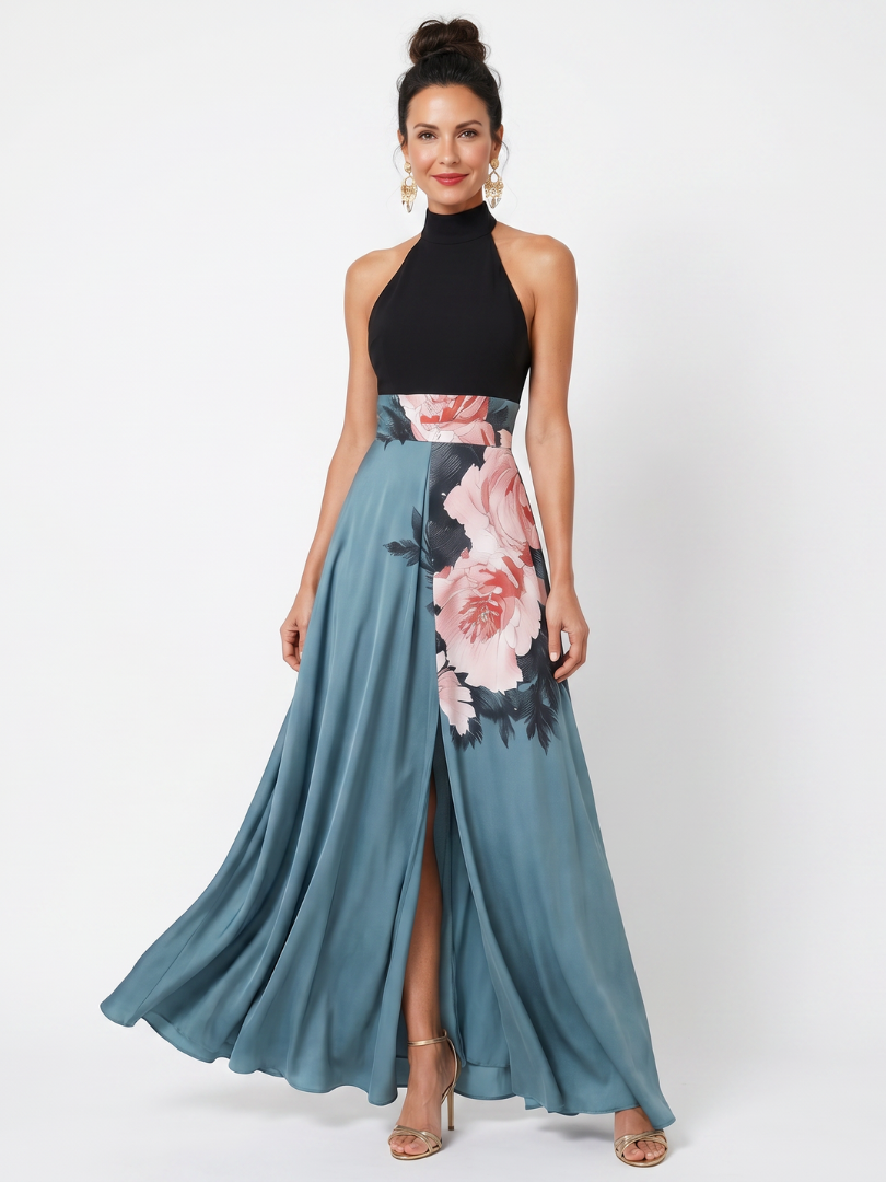 Olympas™ Halterneck Bodice Blommig Kjol Maxi Klänning