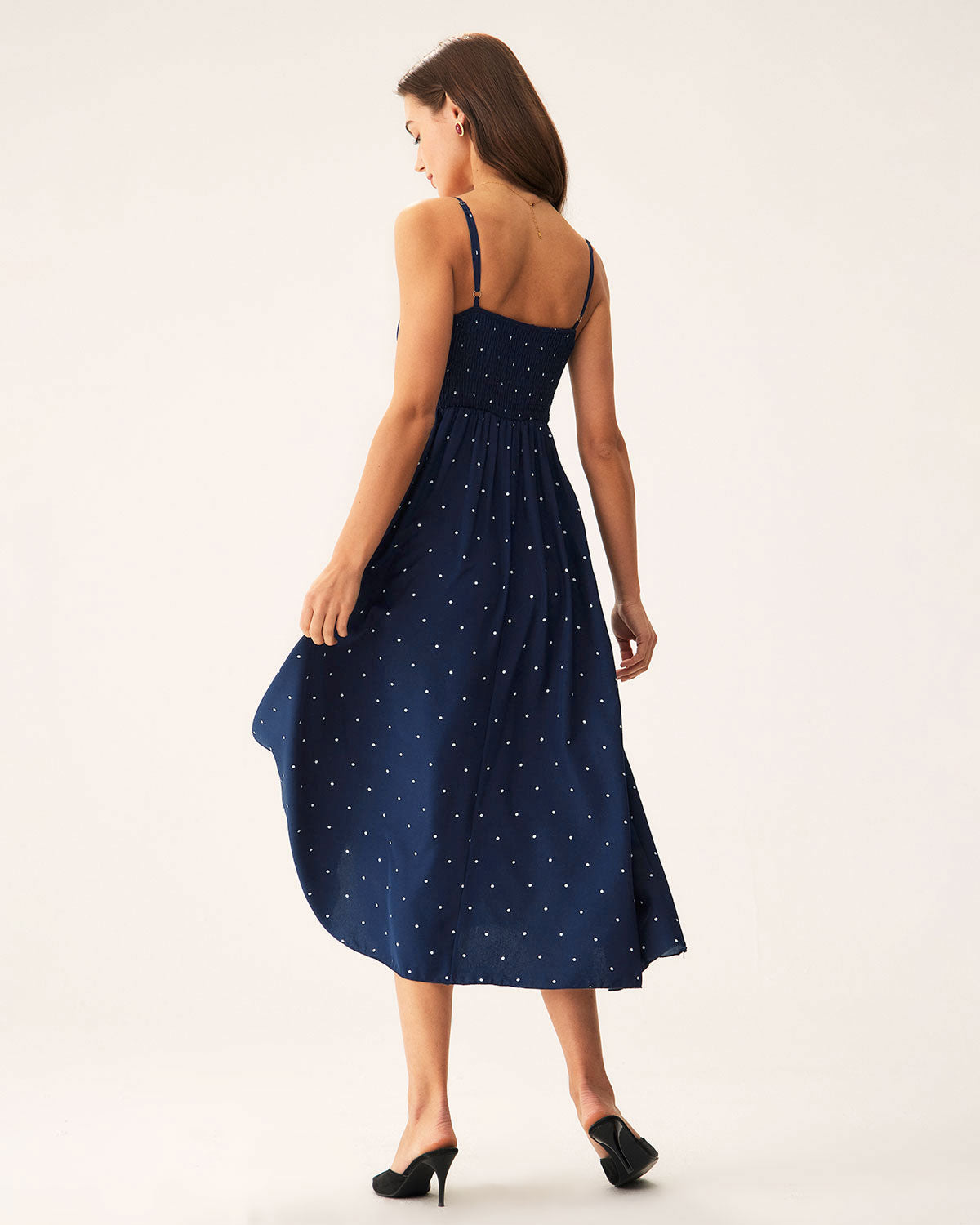 Marinblå Prickig Shirred Slip Midi Klänning