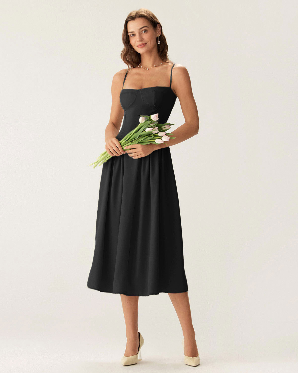 Svart Fyrkantig Halsringning Pocket Slip Midi Klänning