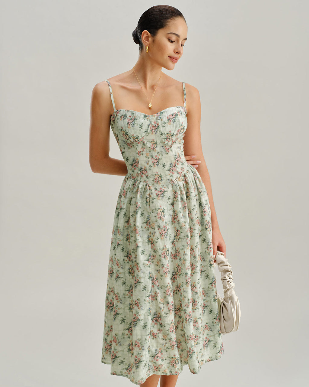 Grön Blommig Sweetheart Halsringad Plisserad Slip Midi Klänning