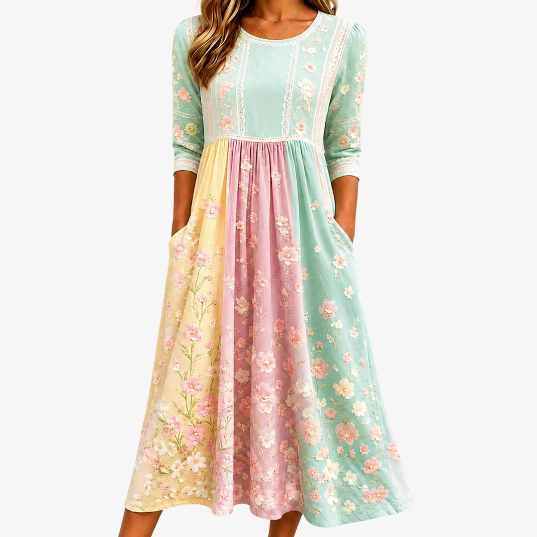 Vårblomma Patchwork Fick Midi Klänning