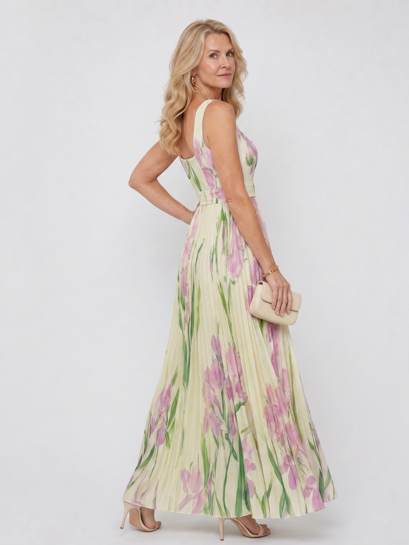 Satin Midi Klänning utan Ärmar med Fyrkantig Urringning och Eleganta Fållar