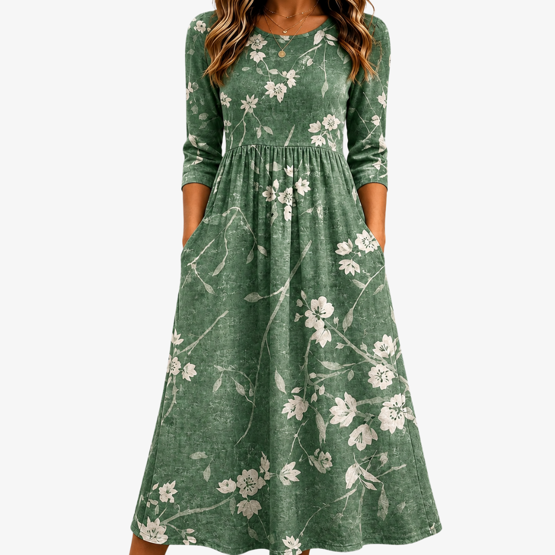 Evergreen Bloom Avslappnad Midi Klänning med Fickor
