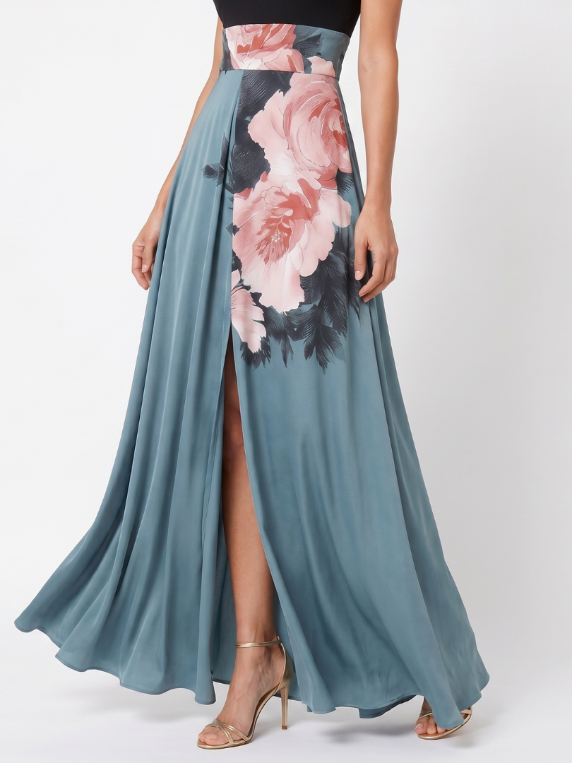 Olympas™ Halter Bodice Floral Skirt Maxi Klänning