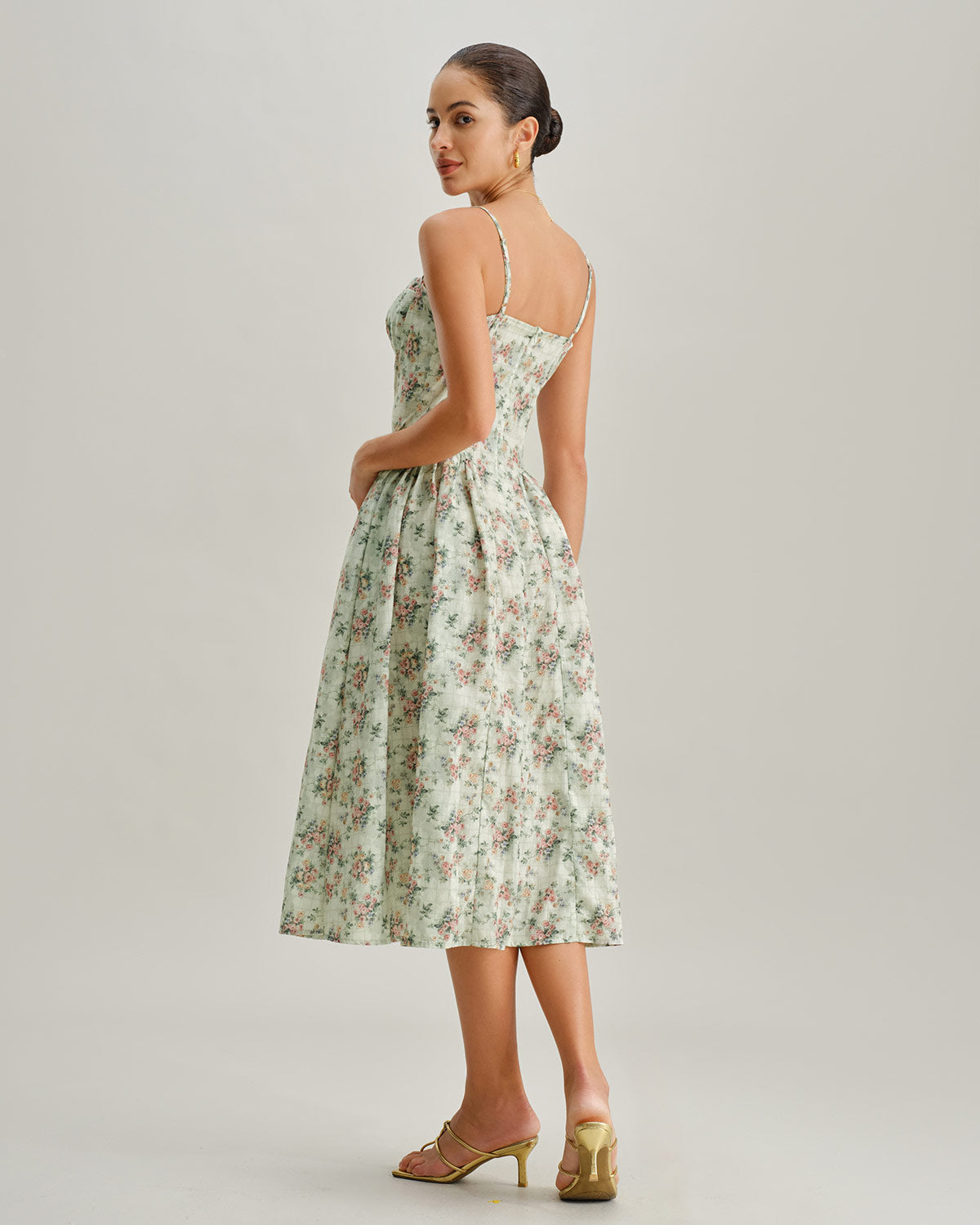 Grön Blommig Sweetheart Halsringad Plisserad Slip Midi Klänning