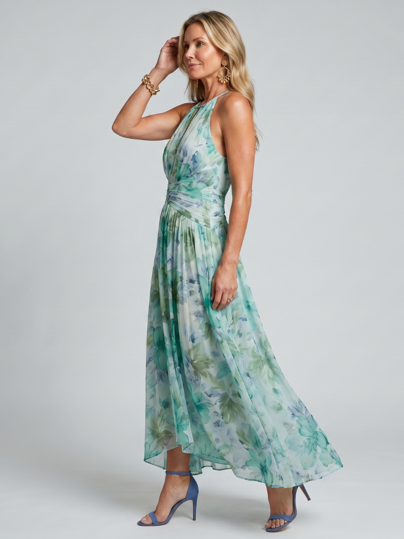 Portia™ Plisserad Halterneck Mjuk Blommönster Midi Klänning