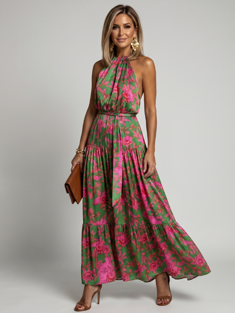 Elegant halterneck midiklänning i rosa