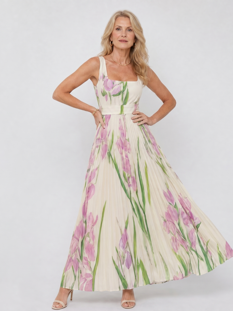 Satin Midi Klänning utan Ärmar med Fyrkantig Urringning och Eleganta Fållar
