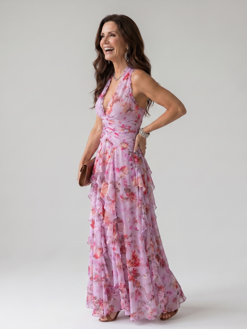 Nori™ Halterneck Rynkad Bodice Blommig Maxi Klänning