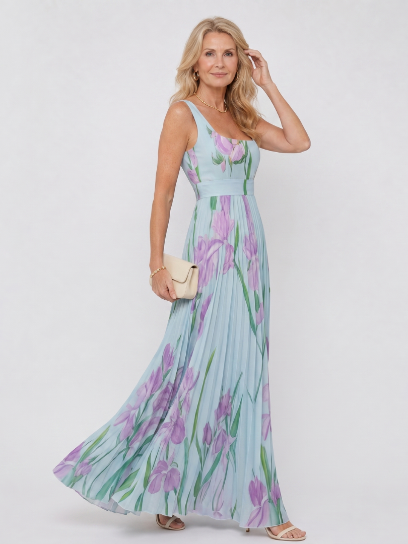 Satin Midi Klänning utan Ärmar med Fyrkantig Urringning och Eleganta Fållar