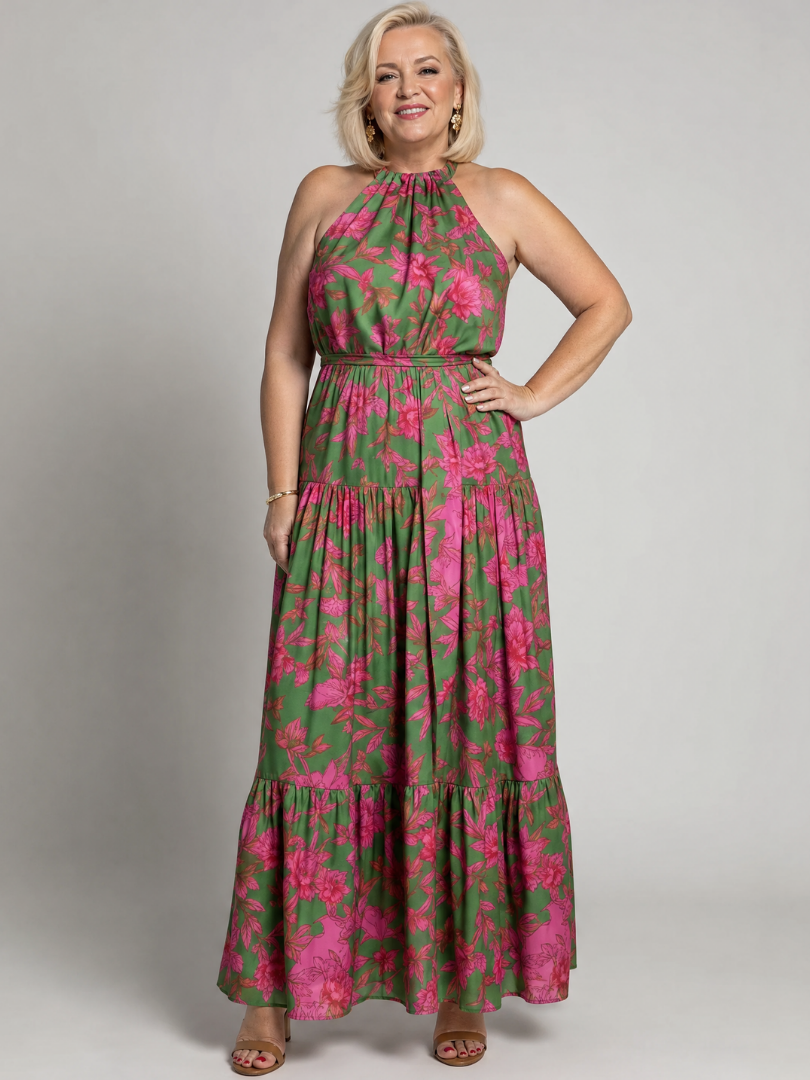 Elegant halterneck midiklänning i rosa