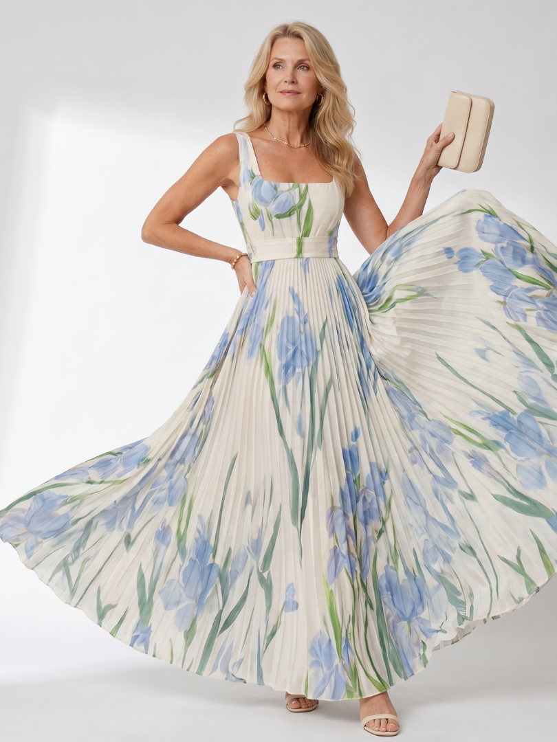 Satin Midi Klänning utan Ärmar med Fyrkantig Urringning och Eleganta Fållar
