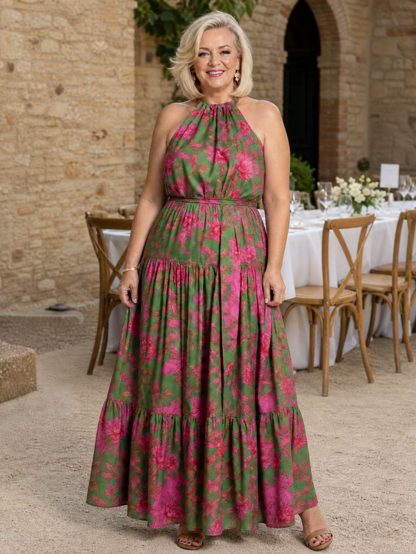 Elegant halterneck midiklänning i rosa