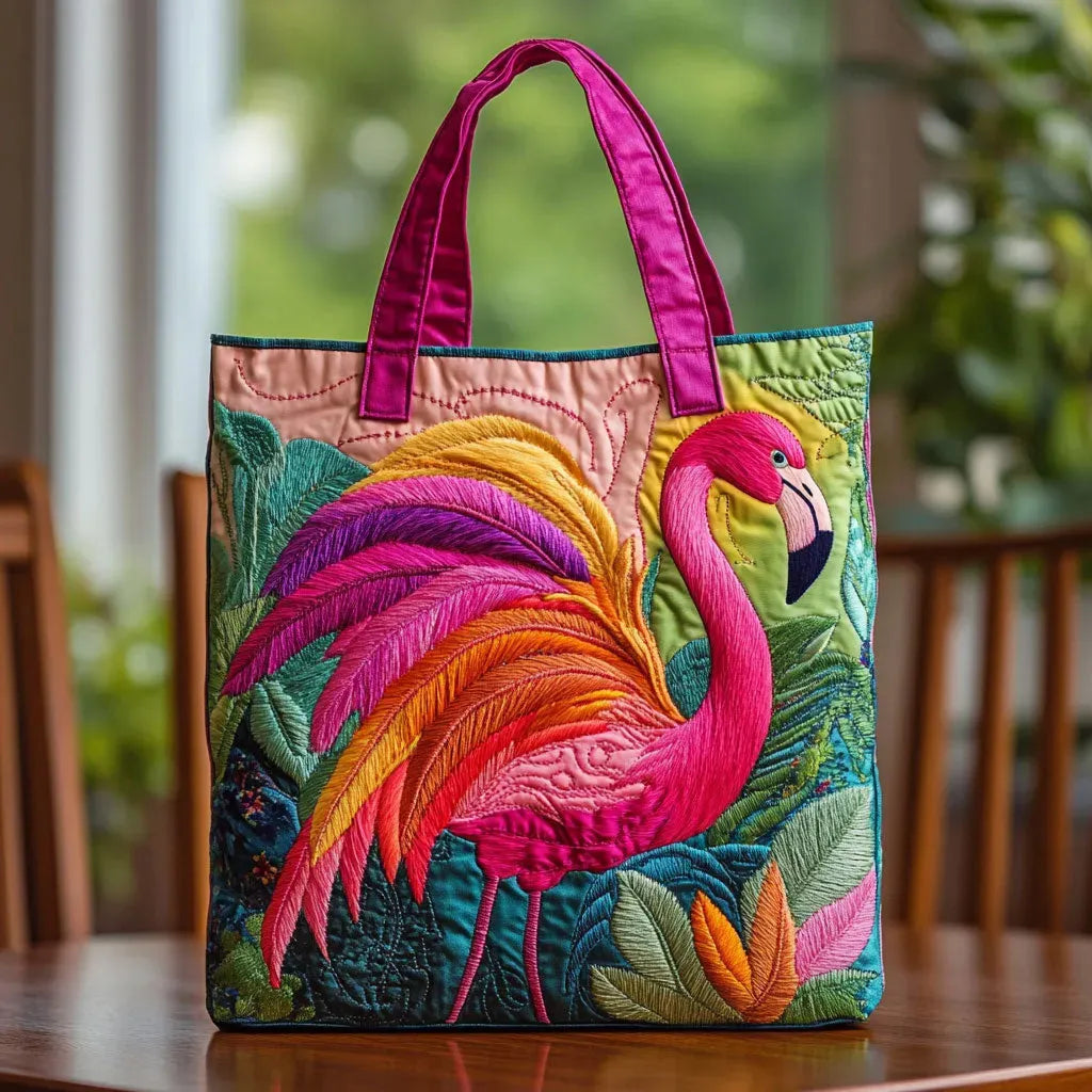 HANDSYDD VÄSKA - FLAMINGO OCH REGNBÅGE