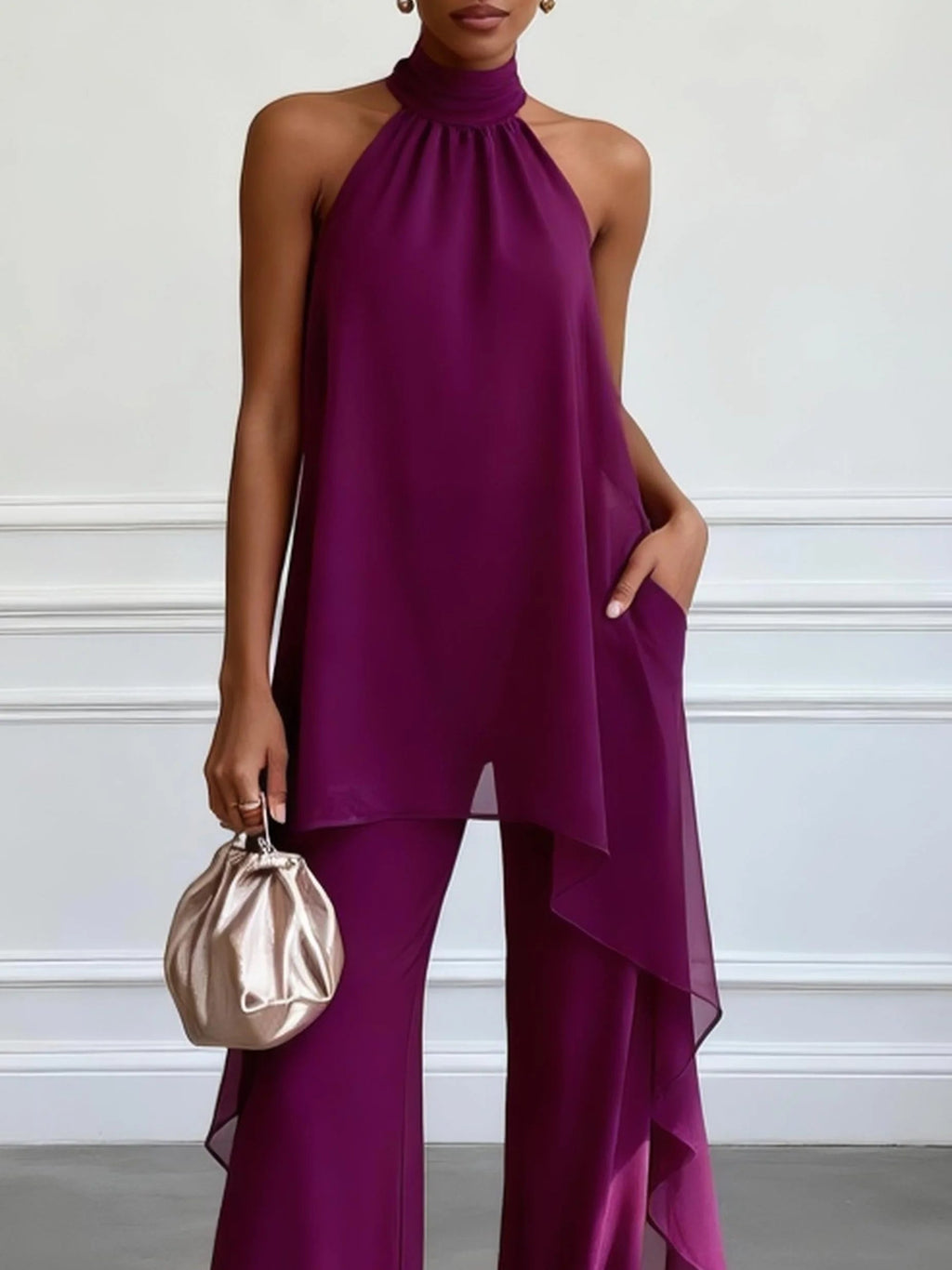 Lila Halterneck Ärmlös Elegant Top Med Byxor Tvådelad Set