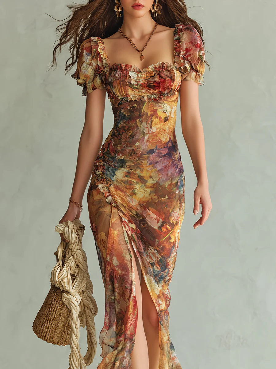 Orange Bohemisk Semester Oljemålning Tryck Chiffon Maxi Klänning