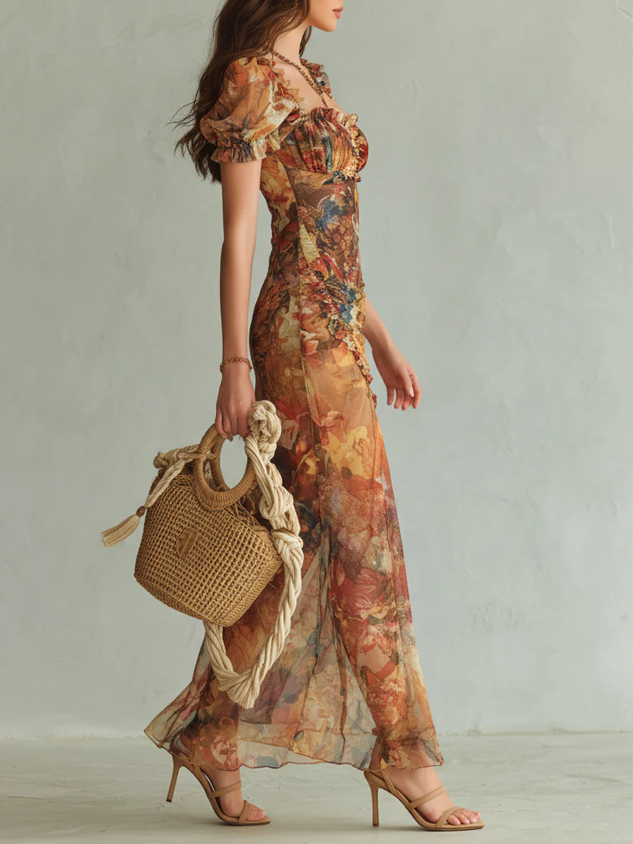 Orange Bohemisk Semester Oljemålning Tryck Chiffon Maxi Klänning