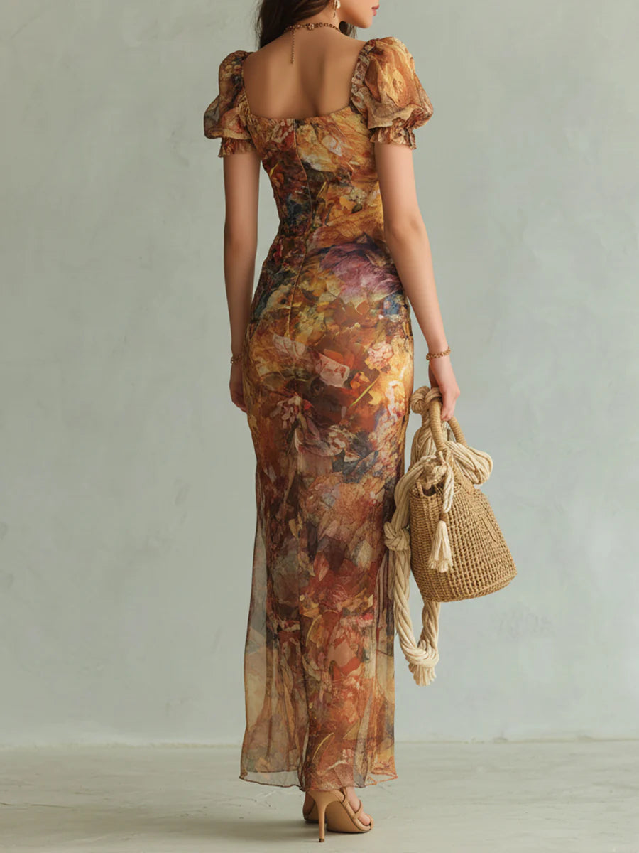 Orange Bohemisk Semester Oljemålning Tryck Chiffon Maxi Klänning
