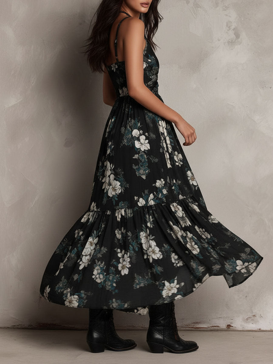 Svart Bohemisk Blommig Tryckt Oregelbunden Strapless Maxi Klänning