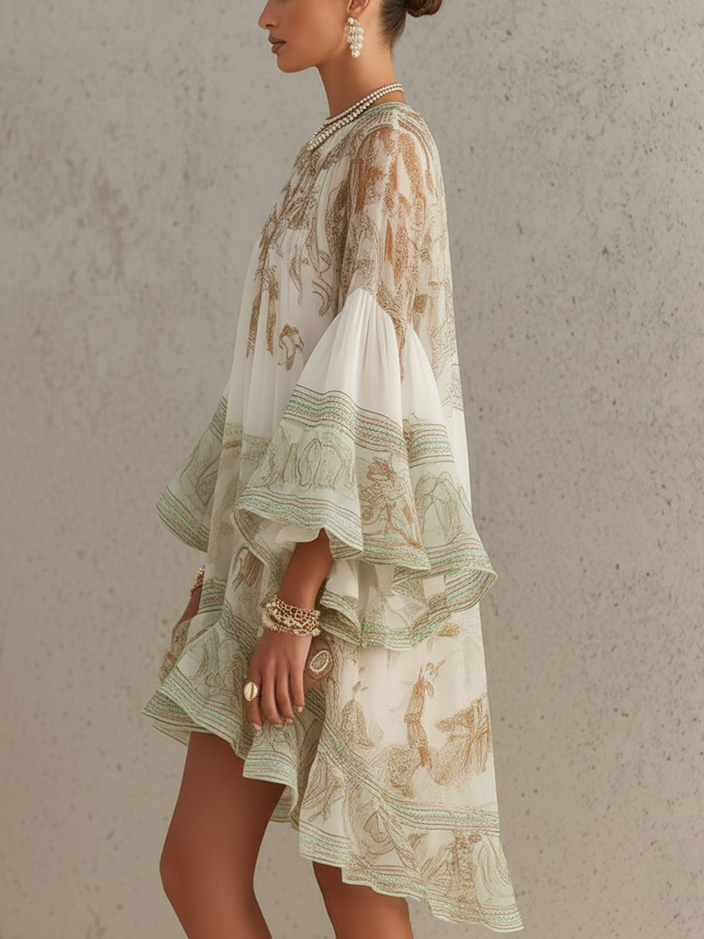 Grön Print Volangkant Flounce Ärmar Chiffon Mini Klänning