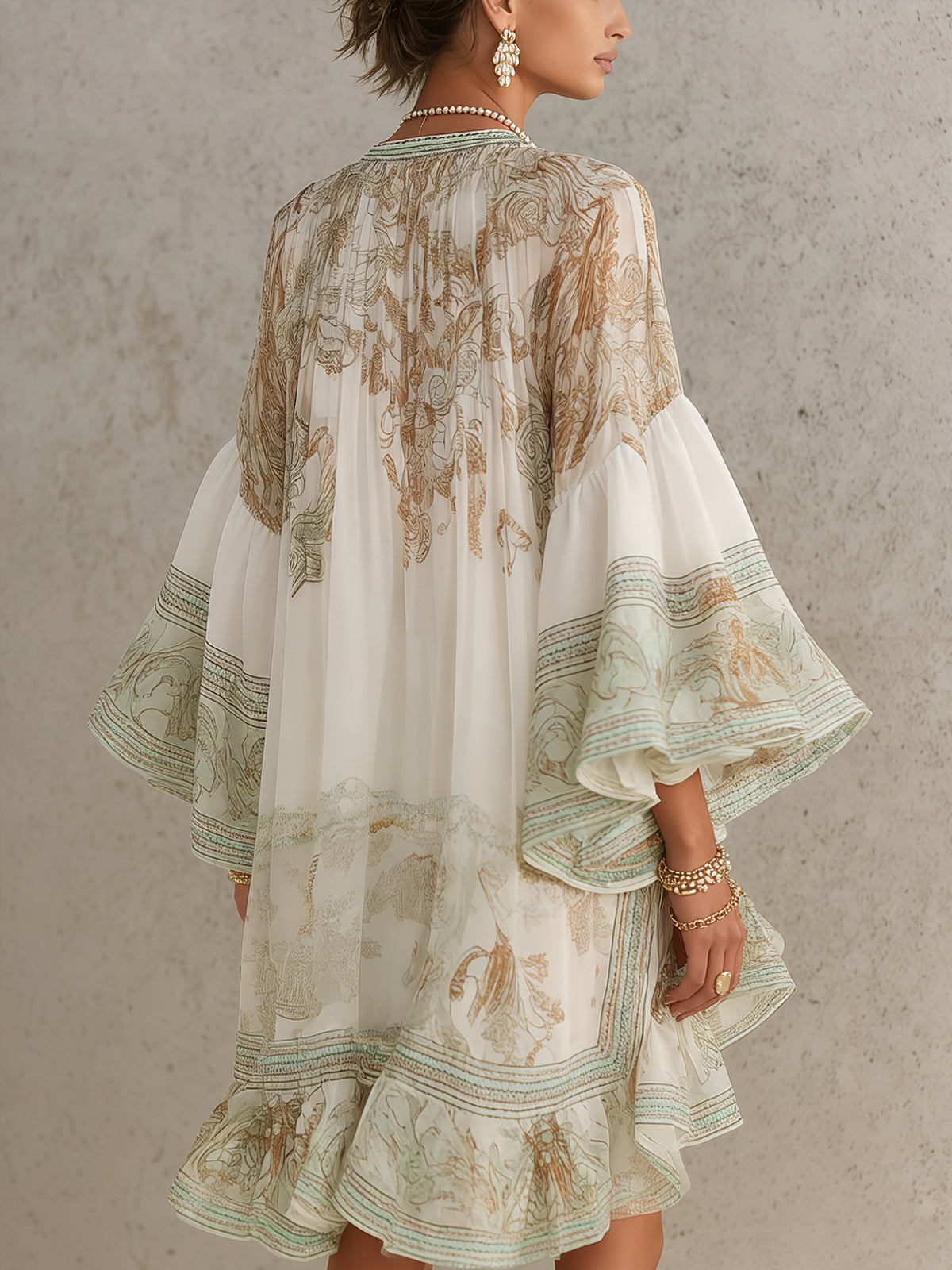 Grön Print Volangkant Flounce Ärmar Chiffon Mini Klänning