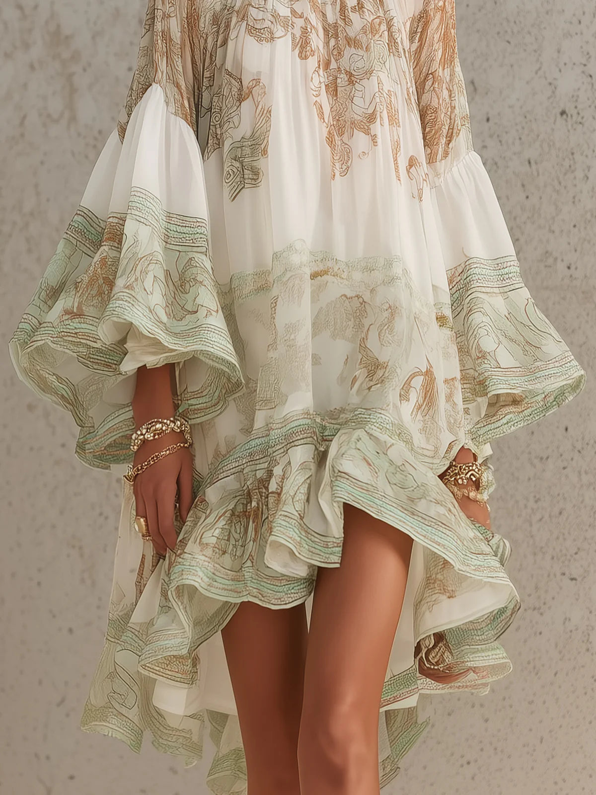 Grön Print Volangkant Flounce Ärmar Chiffon Mini Klänning