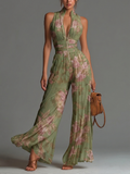 Grön Blommig V-ringad Ärmlös Dragkedja Plisserad Bredbenad Chiffon Jumpsuit