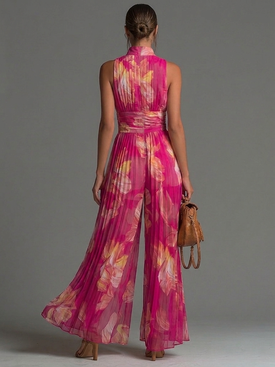 Fuchsia Blommig Tryckärmlös Dragkedja Plisserad Vida Chiffon Jumpsuit