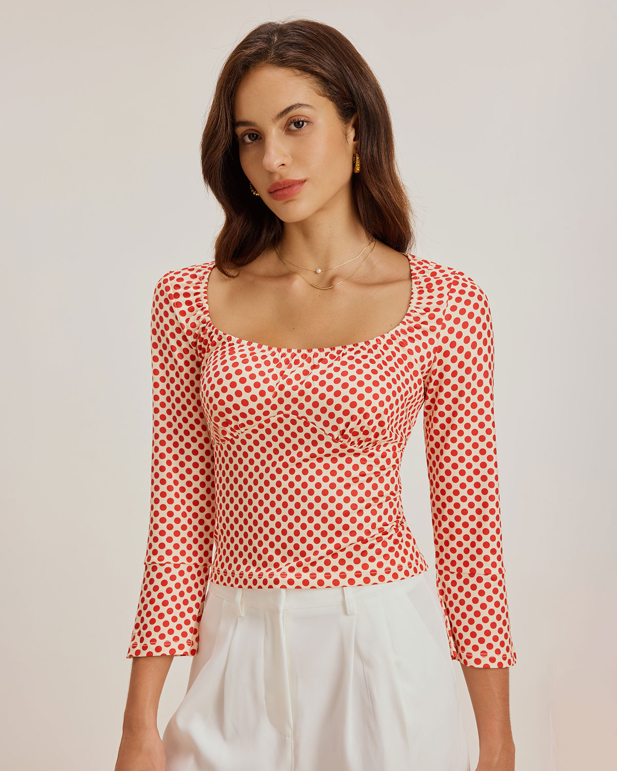 Röd Prickig U-Hals Bell Sleeve T-shirt