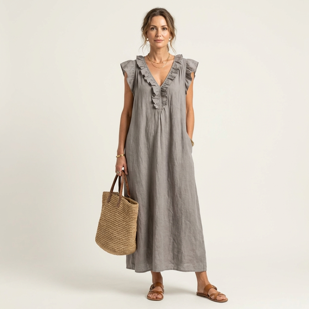 Josette | Volang V-ringad Linne Maxi Klänning