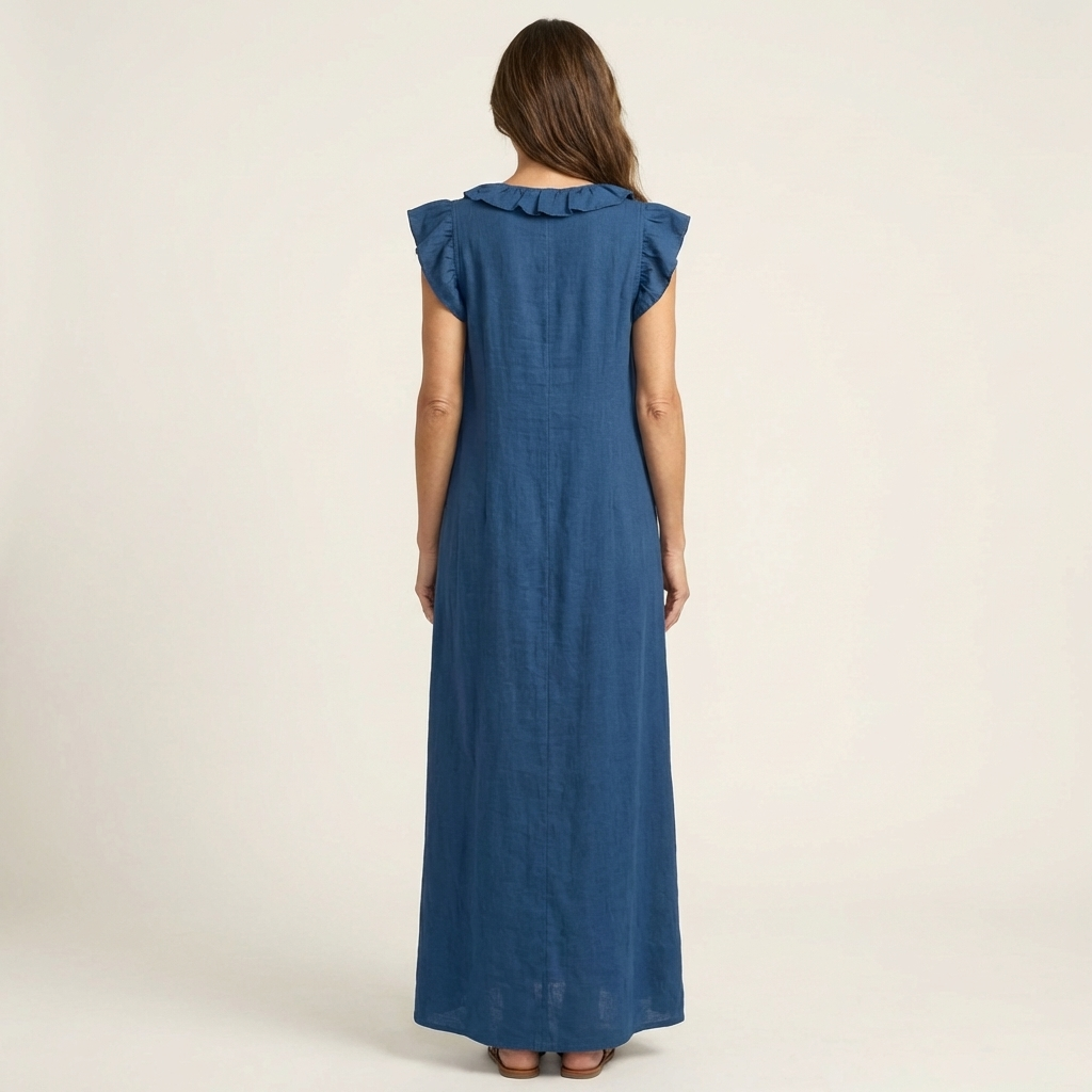 Josette | Volang V-ringad Linne Maxi Klänning