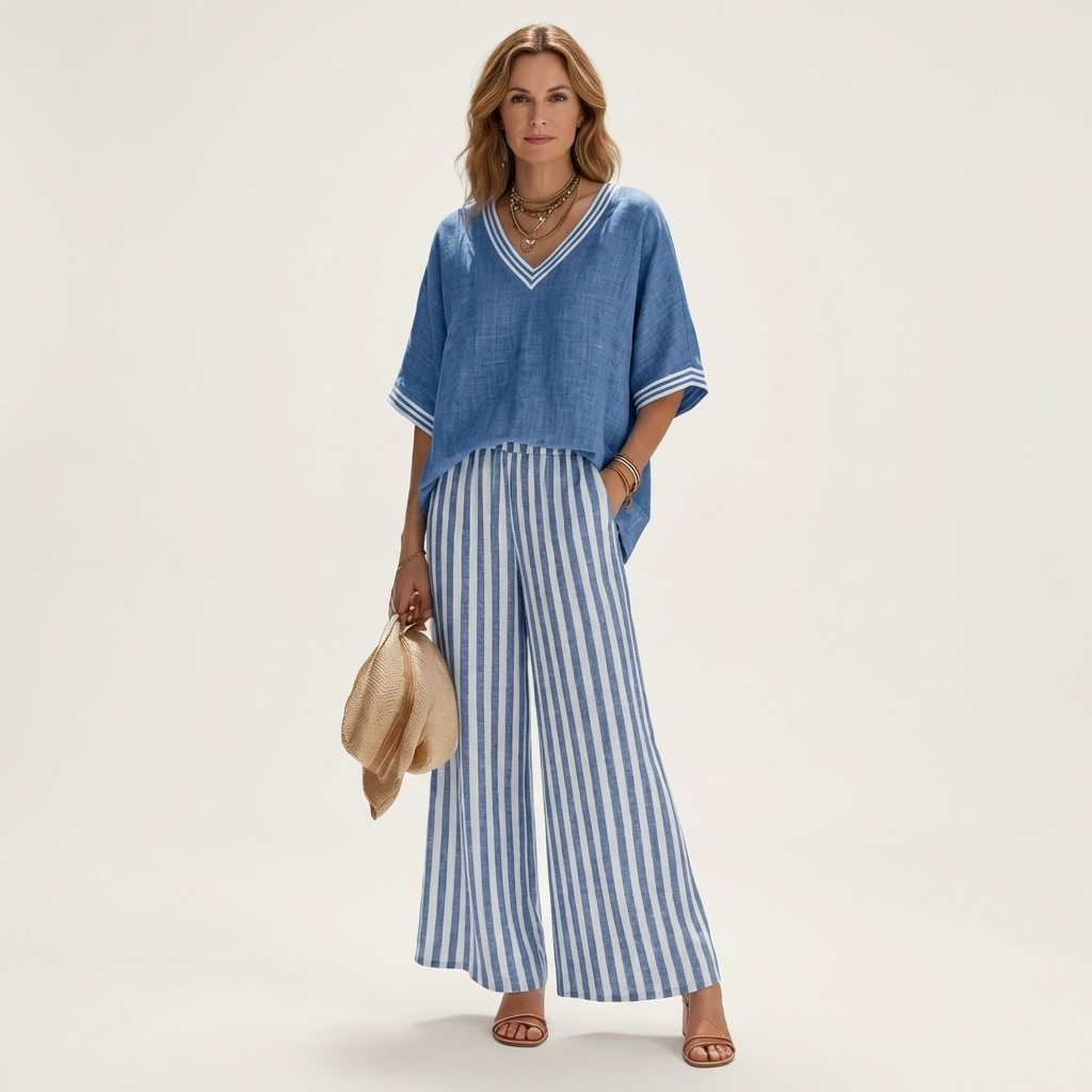 Juliana | V-ringad Varsity Topp & Randig Vidbyx Set