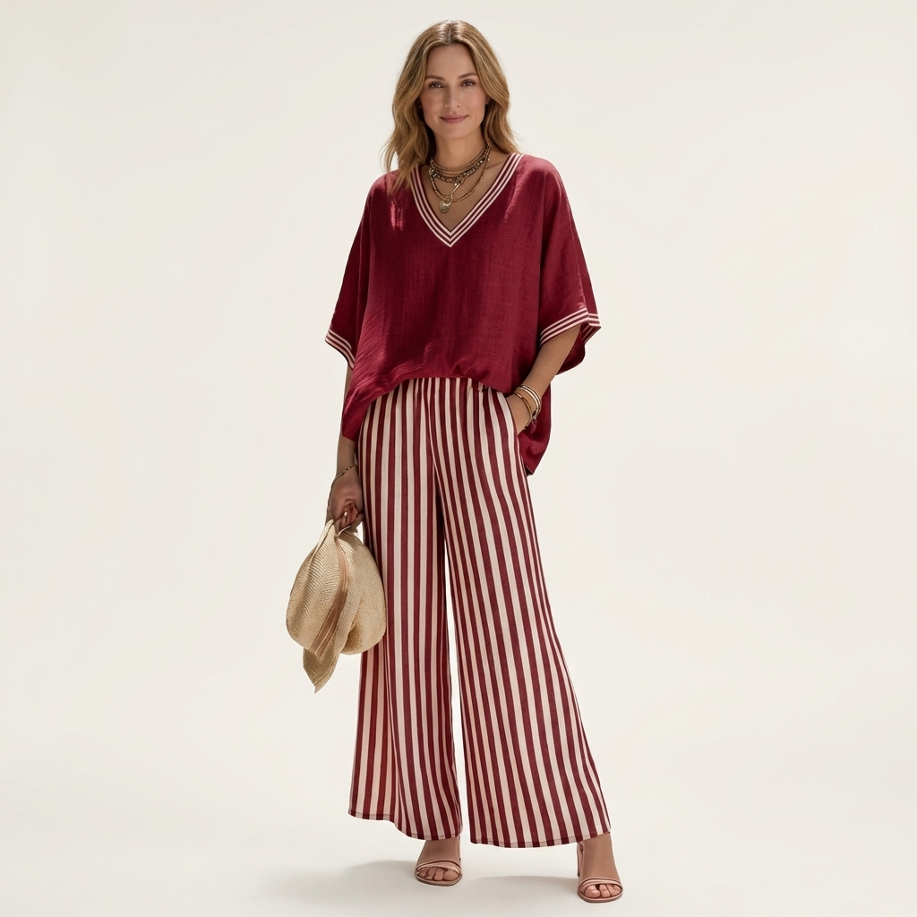 Juliana | V-ringad Varsity Topp & Randig Vidbyx Set