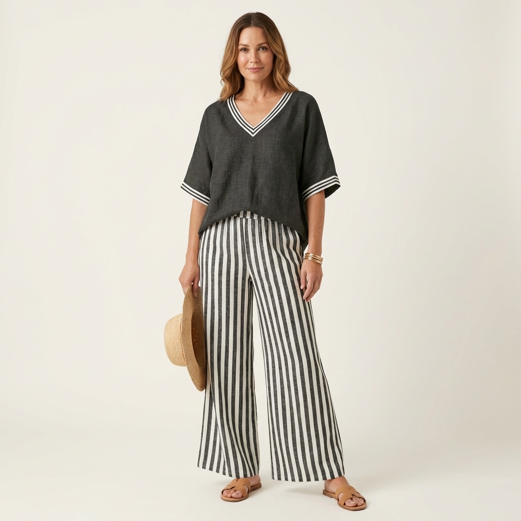 Juliana | V-ringad Varsity Topp & Randig Vidbyx Set