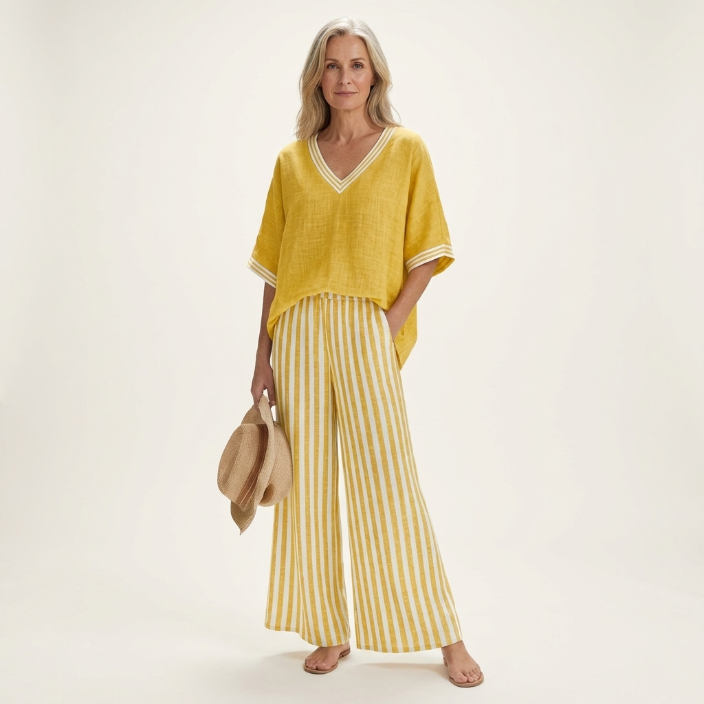 Juliana | V-ringad Varsity Topp & Randig Vidbyx Set