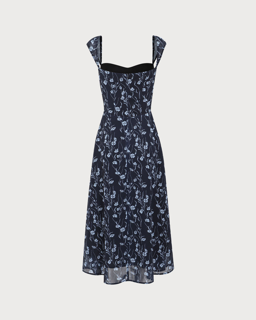 Marinblommig Sweetheart Neck Midi Klänning