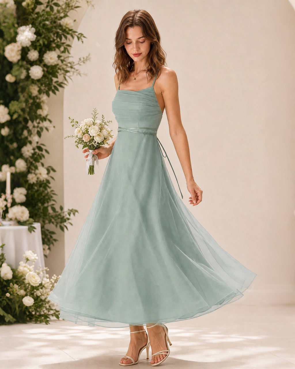 Grön Mesh Flowy Slip Midi Klänning