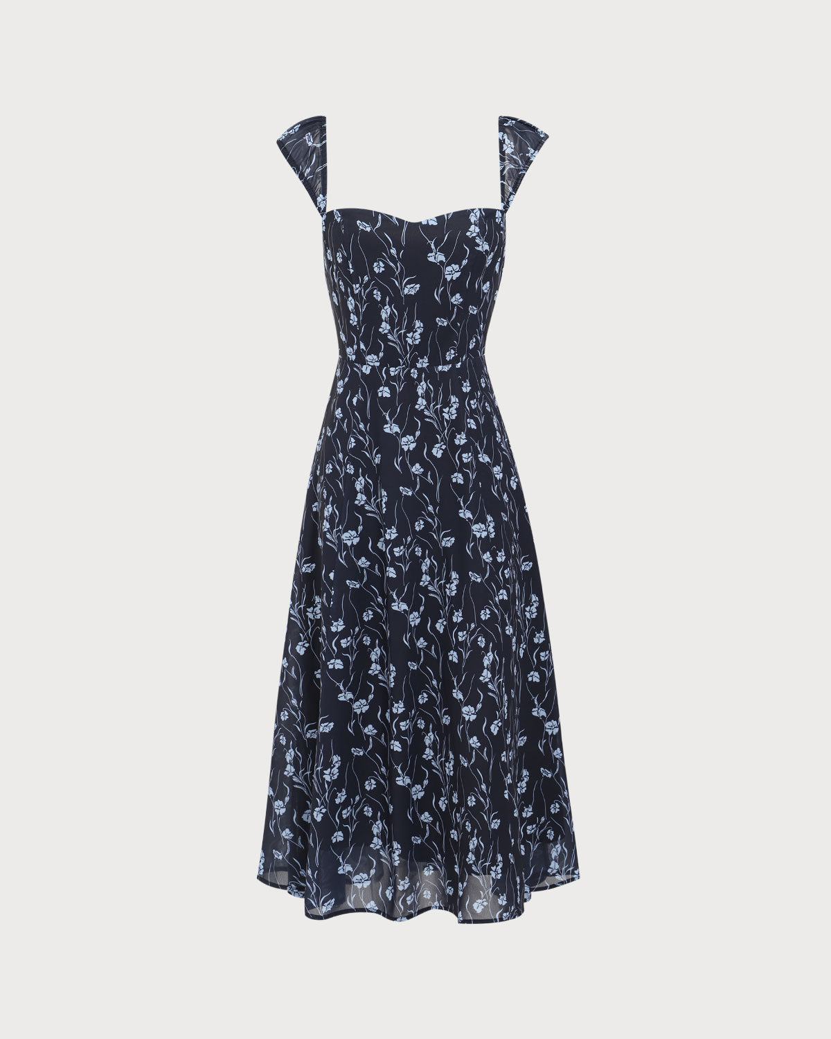 Marinblommig Sweetheart Neck Midi Klänning