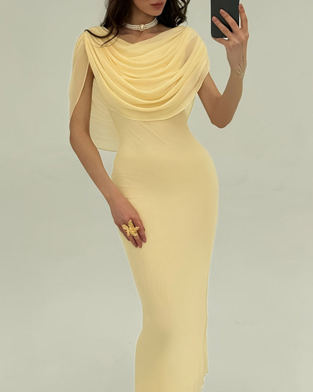 Gul Cowl Neck Ärm-lös Maxi Klänning