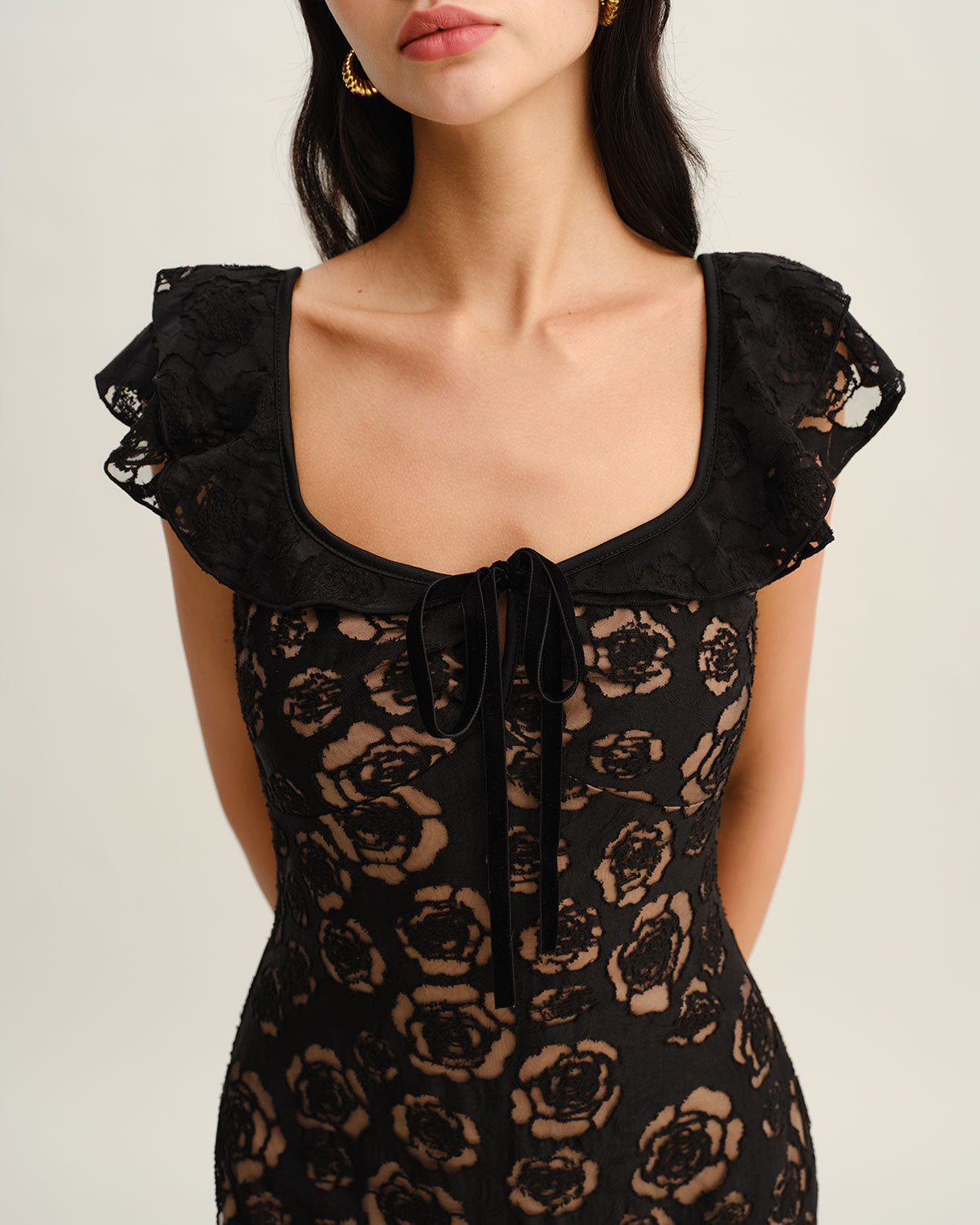 Svart Texturerad Volang Havsfru Midi Klänning